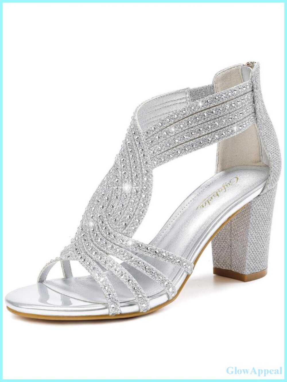 Rhinestone Chunky Block Heel Sandals Wedding Party Open Toe Back Zip